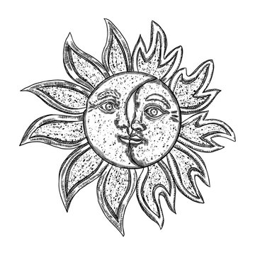 Hand drawn art sun and crescent moon. Flash tattoo design. Antique style design, isolated on white background. Vector