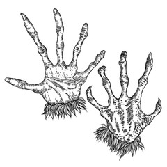 Engraving monster hand set, zombie, werewolf, dragon or vampire palm hands with long nails in attack gesture. Vector.