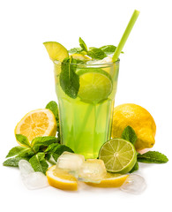 Fruit cocktail. Lime and lemon drink in a glass with mint