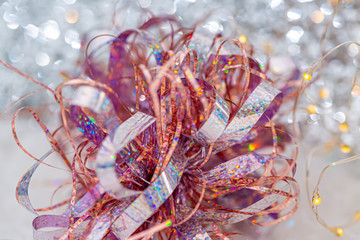 Background of blur colorful texture bokeh for Festival and New year. Game of color. Abstract Christmas glittering backdrop. Closeup