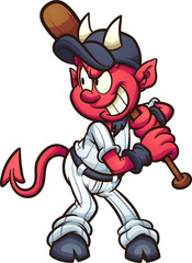 Baseball devil mascot with wooden bat clip art. Vector illustration. All in a single layer. 