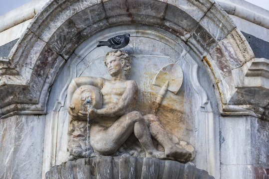 Close upn on base of Elephant Fountain from 18th century on Cathedral Square in Catania, Sicily, Italy