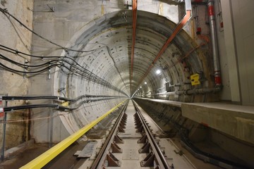 Fototapeta premium MRT underconstruction and install engineering equipment and system technology in the tunnel before train railway transportation working tunneller