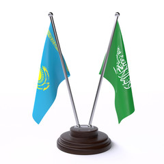 Kazakhstan and Saudi Arabia, two table flags isolated on white background. 3d image