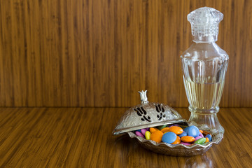 colorful sugars,almonds and candies in the plate for Muslim Ramadan feast.