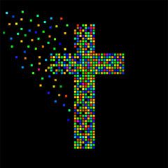Abstract colorful cross of pixeles. Christian Symbol. Vector
