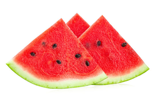 closeup of some pieces of refreshing watermelon on a white background.