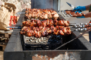 shish kebab on coals. street lighting. bright sunny day. have toning. close-up.