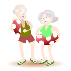Elderly couple in swimsuits. Flat cute cartoon character on white isolated background. Illustration of people face smiling and laughing.Activities for seniors.Life to be happy.