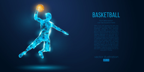 Abstract basketball player from particles, lines and triangles on blue background. All elements on a separate layers, color can be changed to any other. Low poly neon wire outline geometric vector