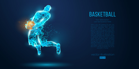 Abstract basketball player from particles, lines and triangles on blue background. All elements on a separate layers, color can be changed to any other. Low poly neon wire outline geometric vector