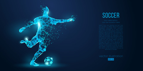 Abstract soccer player, footballer from particles on blue background. All elements on a separate layers, color can be changed to any other. Low poly neon wire outline geometric football player. Vector © matrosovv