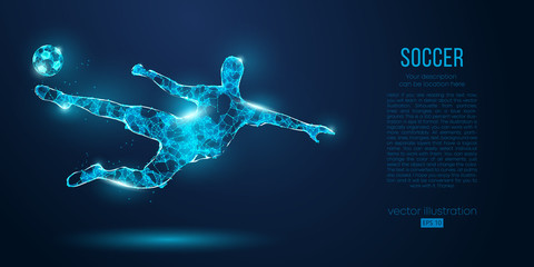 Abstract soccer player, footballer from particles on blue background. All elements on a separate layers, color can be changed to any other. Low poly neon wire outline geometric football player. Vector