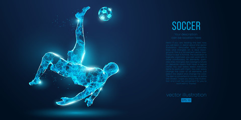 Abstract soccer player, footballer from particles on blue background. All elements on a separate layers, color can be changed to any other. Low poly neon wire outline geometric football player. Vector © matrosovv