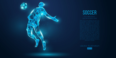 Abstract soccer player, footballer from particles on blue background. All elements on a separate layers, color can be changed to any other. Low poly neon wire outline geometric football player. Vector © matrosovv