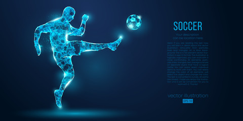 Abstract soccer player, footballer from particles on blue background. All elements on a separate layers, color can be changed to any other. Low poly neon wire outline geometric football player. Vector © matrosovv