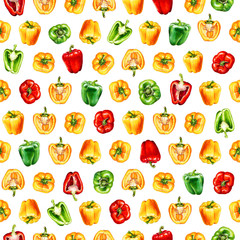 Yellow, red, green bell pepper. Watercolor seamless pattern of vegetables, raw multicolored peppers. Hand-drawn healthy food.