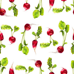 Red radish illustration. Watercolor seamless pattern of vegetables, raw radish. Hand-drawn healthy food.