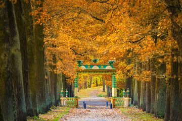 Russia. Saint-Petersburg. Small chinese bridges. Chinese style bridge through the channel in...