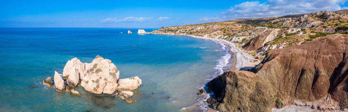 Cyprus Paphos island. Aphrodite bay panorama view. Aphrodite's rocks. Petra-Tu-Romiou. Mediterranean sea. The rocks in the sea. Paphos. Kouklia. Panorama with drone. Panorama of the Republic of Cyprus