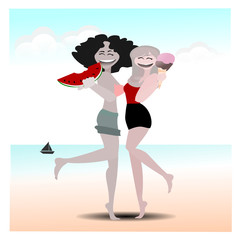 Vector Happy International  Woman Day. Many woman talk in a happy. Flat cute cartoon character on white isolated background. Illustration of people face smiling and laughing.