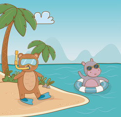 Obraz na płótnie Canvas Bear and hippo cartoon in summer season design