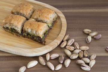 Turkish style Antep baklava with walnut, pistachio for presentation and service 