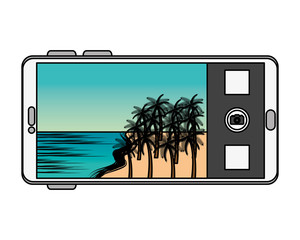 smartphone with summer beach and palms seascape scene