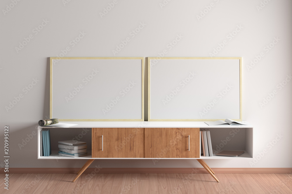 Wall mural blank vertical posters mock up with wooden frame