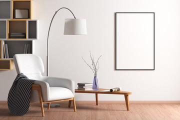 Blank poster mock up with black frame on the wall in living room interior