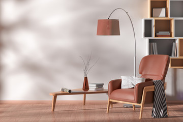 Interior of living room with armchair, coffee table, floor lamp