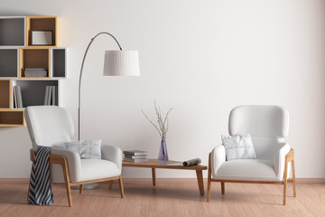 Interior of living room with armchair, coffee table, floor lamp