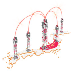 Mobile communications in Japan, cell towers on the map. 3D rendering
