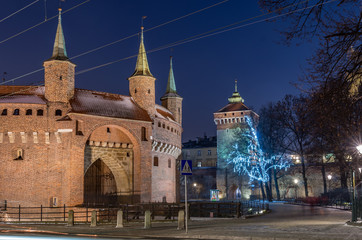 Krakow, Poland, medieval barbican (Barbakan) and Florianska gate in the night