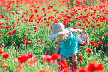 little girl with basket in flower field