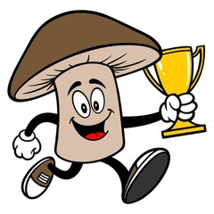 Shiitake Mushroom running with a Trophy - A cartoon illustration of a Shiitake Mushroom Mascot.