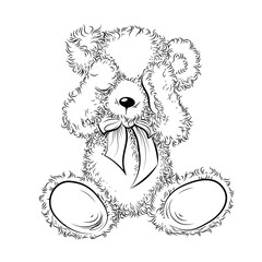 Drawing unhappy Teddy Bear closing eyes. Black and white vector illustration