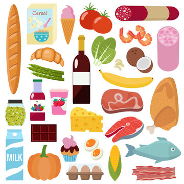 Grocery set. Milk, vegetables, meat, chicken, cheese, sausages, wine, fruits, fish, cereal, juice. Vector illustration, flat design.