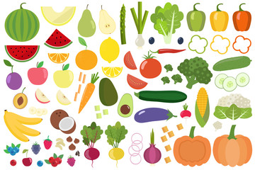 Set of fresh healthy vegetables, fruits and berries isolated. Slices of fruits and vegetables. Flat design. Organic farm illustration. Healthy lifestyle vector design elements.