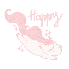 Cartoon illustration of pink unicorn.  Colorful flat vector on white, postcard design