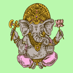 Lord Ganesha, elephant. God religion hinduism. Color. Engraving style. Vector illustration.
