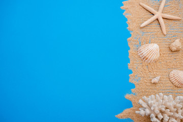 Summer time concept with sea shells and starfish on a blue wooden background and sand.