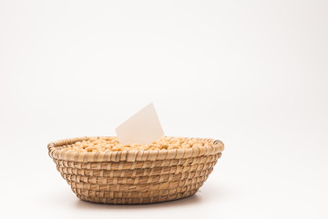  Blank paper with Soybeans in basket isolated on white background