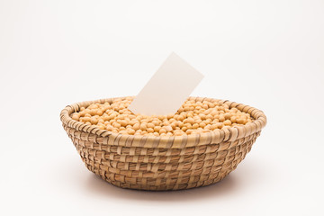  Blank paper with Soybeans in basket isolated on white background