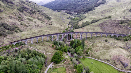 Glenfinnan Viaduct, aerial view by drone - Scotland, UK