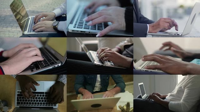 Collage of close up shots of female and male hands of different races working on laptop, typing. Work, communication concept