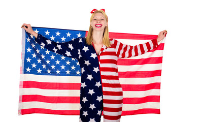 Make america great again! Independence Day. American flag. America. United states. USA. United states of America. US. July 4th. Summer. Happy woman with American flag.