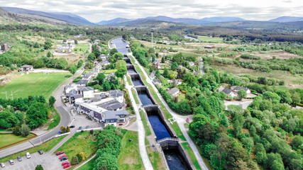 Neptune staircase locks, aerial view by drone at the Caledonian Canal, Banavie, Scotland, UK