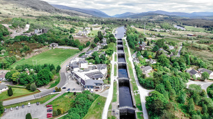 Neptune staircase locks, aerial view by drone at the Caledonian Canal, Banavie, Scotland, UK