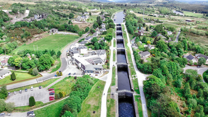 Neptune staircase locks, aerial view by drone at the Caledonian Canal, Banavie, Scotland, UK